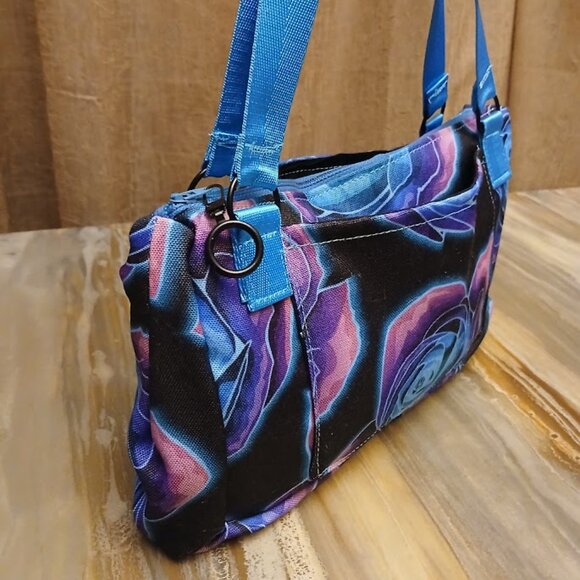 New Canvas Ombre Roses Shoulder Bag Purse Blue Pink Purple Black Tote Handbag - Picture 4 of 6